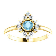 Load image into Gallery viewer, 14K Gold Aquamarine Diamond Halo Ring Size 6 - MiShelli