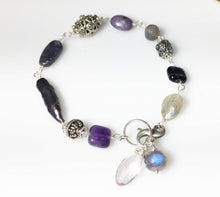 Load image into Gallery viewer, Mixed Boho Gemstone Bracelet Labradorite Amethyst Pearl Stick Onyx Marcasite Sterling Silver - MiShelli