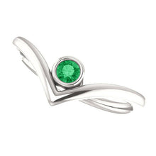 Load image into Gallery viewer, Emerald Solitaire "V" Stacking Ring, Chatham Created Chevron Band, Minimalist, Birthstone Ring, Stackable, Gift for Her, Promise Ring - MiShelli