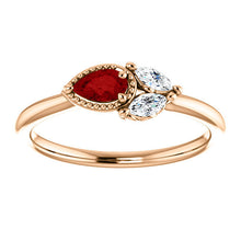 Load image into Gallery viewer, Ruby Sapphire 14K Gold Ring, Ruby Pear, White Sapphire Marquise Cluster Ring, Non Traditional - MiShelli