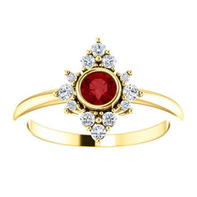 Load image into Gallery viewer, Ruby Diamond Cluster Ring, 14K Gold, Diamond Ruby, Birthstone, Modern Engagement - MiShelli