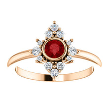 Load image into Gallery viewer, Ruby Diamond Cluster Ring, 14K Gold, Diamond Ruby, Birthstone, Modern Engagement - MiShelli