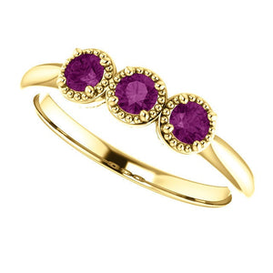 Unique Purple Diamond Ring, 14K Gold 3 Stone Stacking Band, Non Traditional Wedding - MiShelli