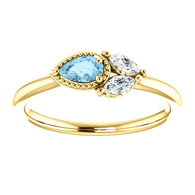 Aquamarine Sapphire 14K Gold Ring, Pear Aquamarine, Marquise Sapphire - MiShelli