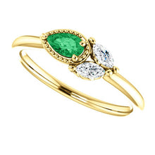 Load image into Gallery viewer, Emerald Pear Sapphire 14K Gold Ring, Marquise Sapphire, Side Swept Cluster Ring, Chatham Emerald - MiShelli
