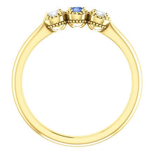 Load image into Gallery viewer, Ceylon Blue Sapphire Forever One Moissanite Ring, 14K Gold, Low Profile, 3 Stone Ring - MiShelli