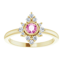 Load image into Gallery viewer, Pink Sapphire Diamond Cluster Gemstone Ring, 14K/18K Bezel Set, Yellow, White, Rose Gold, Non Traditional Engagement, Cocktail Ring - MiShelli
