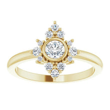 Load image into Gallery viewer, White Sapphire Diamond Cluster Gemstone Ring, 14K Bezel Set, Yellow, White, Rose Gold, Non Traditional Engagement, Cocktail Ring - MiShelli
