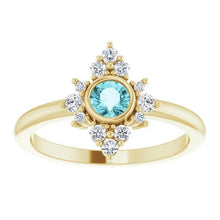 Load image into Gallery viewer, Blue Zircon Diamond Cluster Gemstone Ring, 14K/18K Bezel Set, Yellow, White, Rose Gold, Non Traditional Engagement, Cocktail Ring - MiShelli