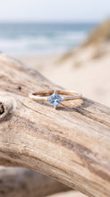 Load image into Gallery viewer, Princess cut aquamarine solitaire ring in 14K gold by MiShelli, featuring a sparkling aquamarine gemstone set in a sleek gold band.