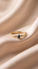 Load image into Gallery viewer, 18K gold stacking ring with blue diamonds from MiShelli, size 6, featuring a sleek design and sparkling gemstone accents.