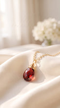 Load image into Gallery viewer, Gold-filled Garnet Solitaire Necklace by MiShelli featuring a central red garnet gemstone on a delicate chain.