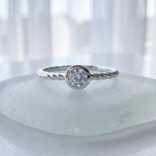 Load image into Gallery viewer, Dainty rose cut moissanite sterling silver promise ring with low profile design, size 7, featuring a rope band by MiShelli.