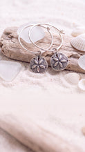 Load image into Gallery viewer, Sterling silver Sand Dollar Hoop Earrings with ear wires, featuring detailed sand dollar charms for ocean-inspired jewelry style