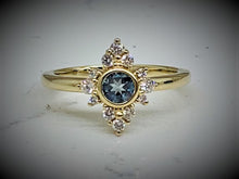Load image into Gallery viewer, 14K Gold Aquamarine Diamond Halo Ring (Size 6)