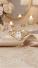 Load image into Gallery viewer, Vintage-inspired moissanite diamond halo ring in 14K yellow gold with emerald step cut center stone from MiShelli.