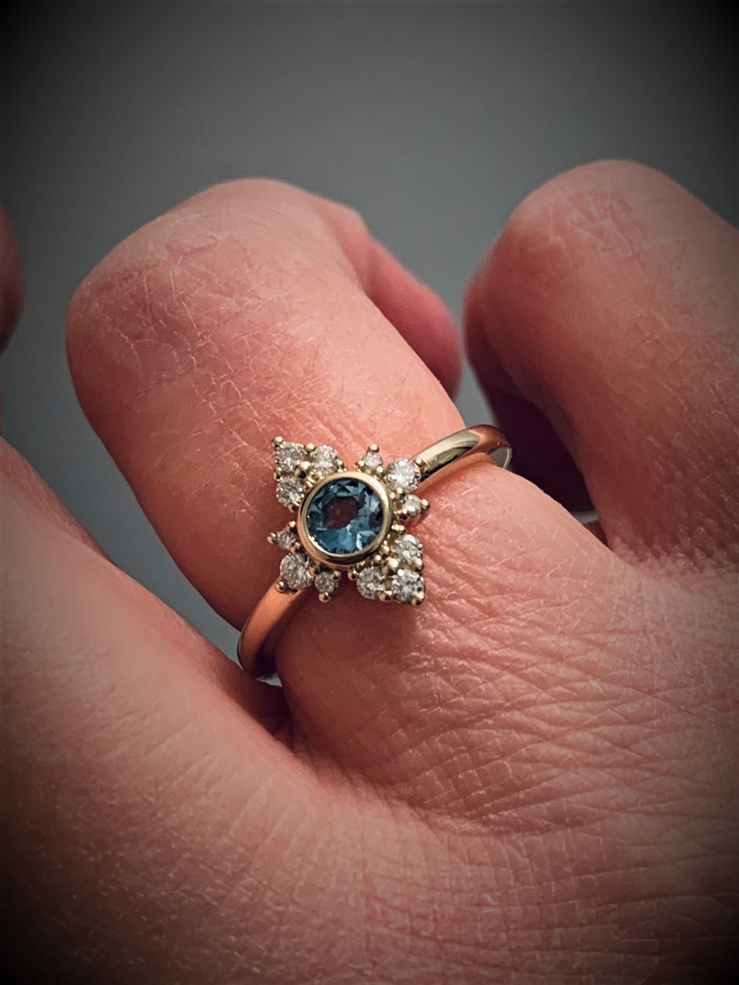 14K Gold Aquamarine Diamond Halo Ring Size 6 - MiShelli