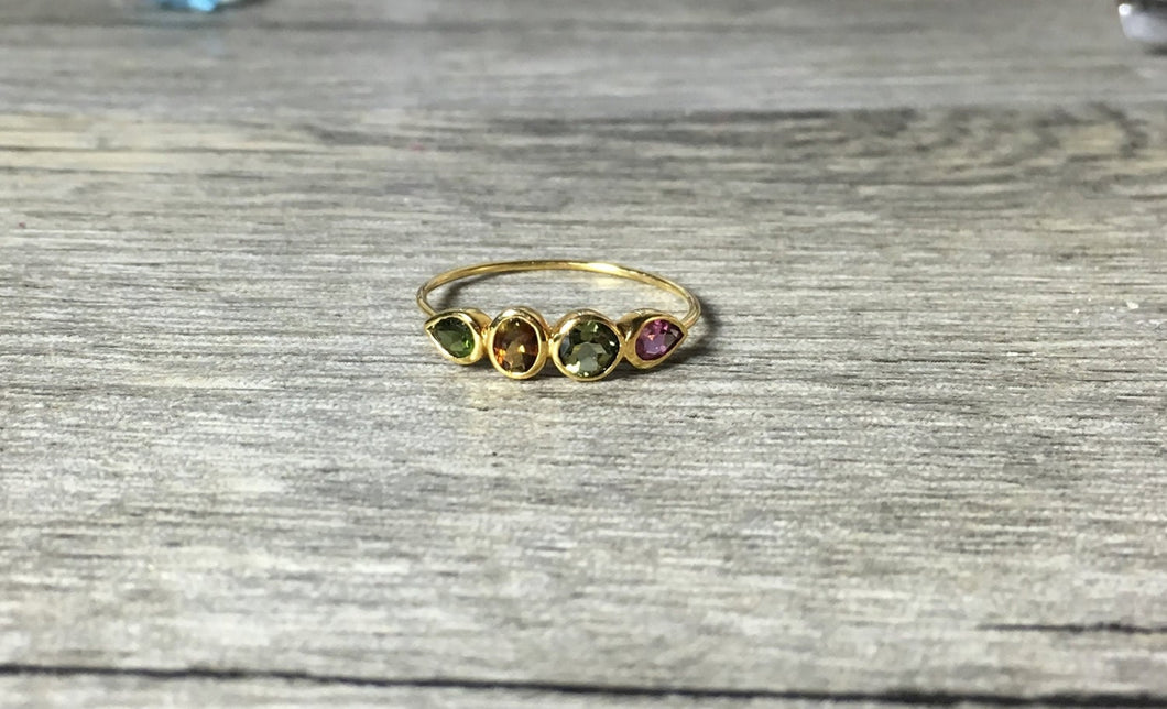 Tourmaline 14K Gold Ring, Colorful Mixed Shapes, Pear, Round, Oval, Low Profile, Anniversary Ring - MiShelli