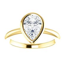Load image into Gallery viewer, Moissanite 9x6mm Pear &quot;Forever One&quot; Low Profile Bezel Engagement Ring 14K Yellow, White, Rose Gold - MiShelli