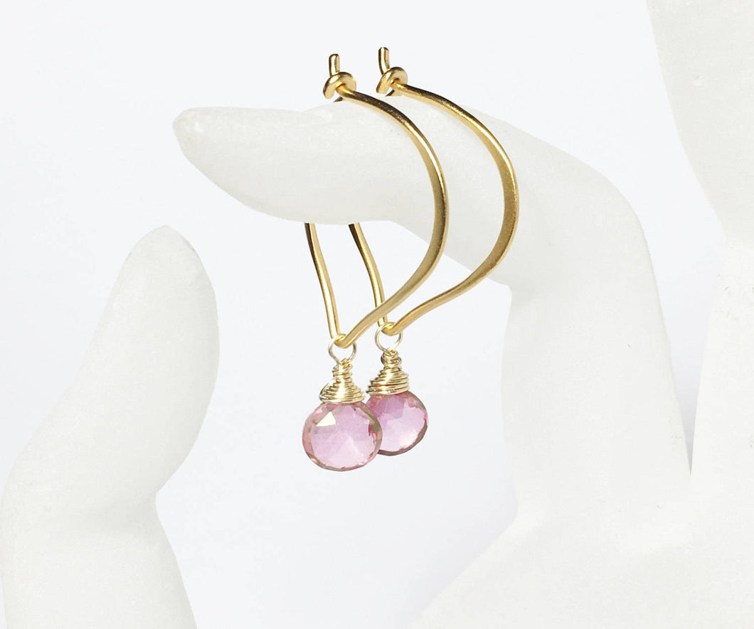 Pink Quartz Gemstone Gold Hoop Earrings - MiShelli