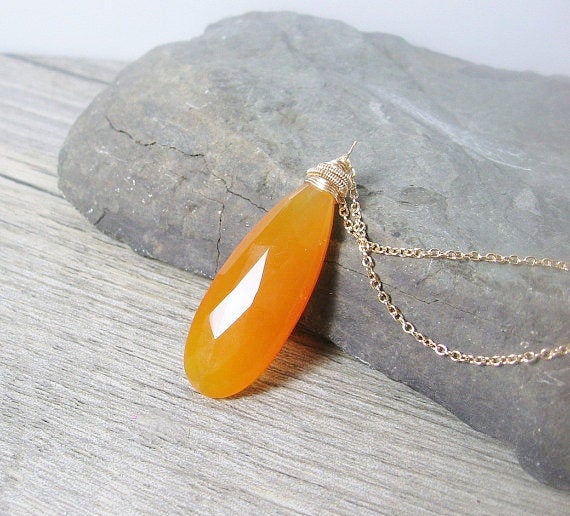 Orange Chalcedony Gemstone Solitaire Gold Layering Necklace - MiShelli
