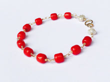 Load image into Gallery viewer, Coral Bracelet SOLID 14K Gold, Red Coral, Freshwater Pearls, Wire Wrapped - MiShelli