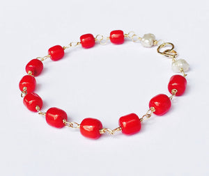 Coral Bracelet SOLID 14K Gold, Red Coral, Freshwater Pearls, Wire Wrapped - MiShelli