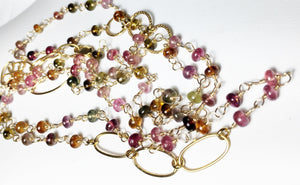 Tourmaline Necklace, Long Layering Wrap, Multi Strand Bracelet, Tourmaline Gemstones in Gold Fill, Length 38" - MiShelli