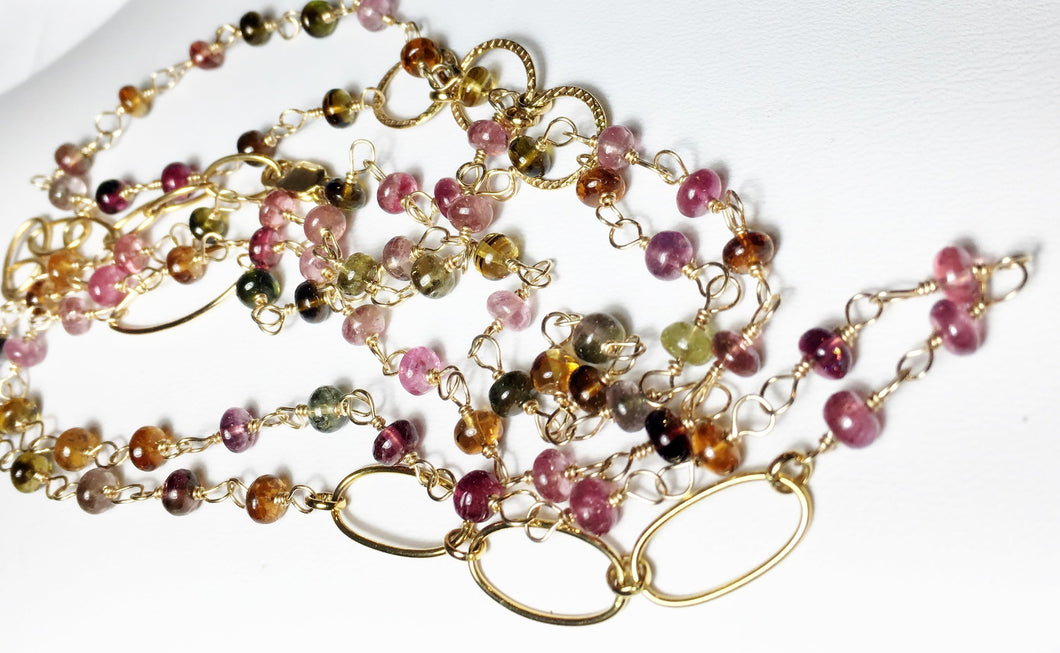 Tourmaline Necklace, Long Layering Wrap, Multi Strand Bracelet, Tourmaline Gemstones in Gold Fill, Length 38