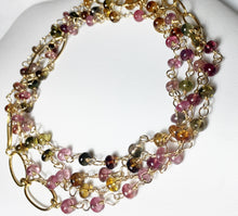 Load image into Gallery viewer, Tourmaline Necklace, Long Layering Wrap, Multi Strand Bracelet, Tourmaline Gemstones in Gold Fill, Length 38&quot; - MiShelli