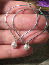 Load image into Gallery viewer, Pearl Silver Hoop Earrings, White Pearl Lotus Petal Hoop Ear Wires - MiShelli