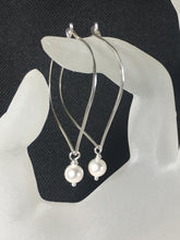 Load image into Gallery viewer, Pearl Silver Hoop Earrings, White Pearl Lotus Petal Hoop Ear Wires - MiShelli