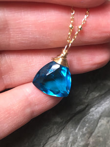 Blue Quartz Solitaire Necklace, Trillion Cut Gemstone - MiShelli