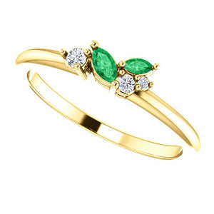 Emerald Marquise Diamond Dainty Cluster Ring, 14K gold Stackable Birthstone Ring, Non Traditional Wedding, Rose Gold Emerald - MiShelli