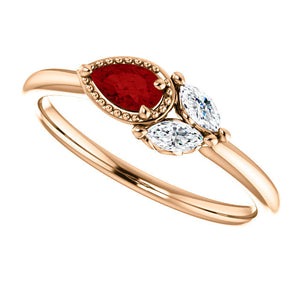 Ruby Sapphire 14K Gold Ring, Ruby Pear, White Sapphire Marquise Cluster Ring, Non Traditional - MiShelli