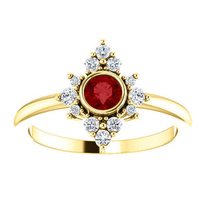 Ruby Diamond Cluster Ring, 14K Gold, Diamond Ruby, Birthstone, Modern Engagement - MiShelli