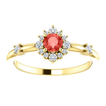 Load image into Gallery viewer, Padparadscha Chatham Sapphire Diamond Halo Ring, 14k Gold, Non Traditional Wedding - MiShelli