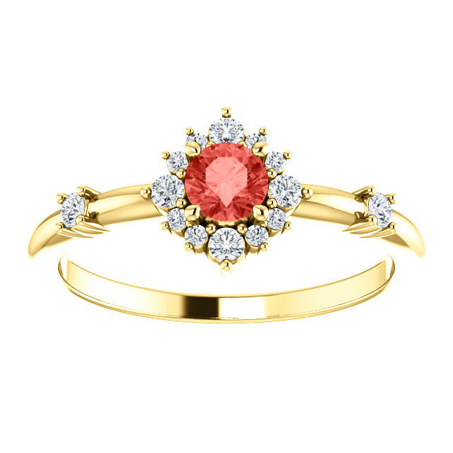 Padparadscha Chatham Sapphire Diamond Halo Ring, 14k Gold, Non Traditional Wedding - MiShelli