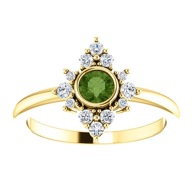 Green Tourmaline Diamond Ring, 14K Gold Cluster Bezel Gemstone Ring, Alternative Engagement, Statement Ring - MiShelli