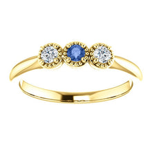 Load image into Gallery viewer, Ceylon Blue Sapphire Forever One Moissanite Ring, 14K Gold, Low Profile, 3 Stone Ring - MiShelli