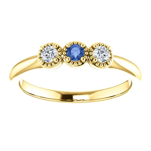 Ceylon Blue Sapphire Forever One Moissanite Ring, 14K Gold, Low Profile, 3 Stone Ring - MiShelli