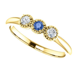 Ceylon Blue Sapphire Forever One Moissanite Ring, 14K Gold, Low Profile, 3 Stone Ring - MiShelli