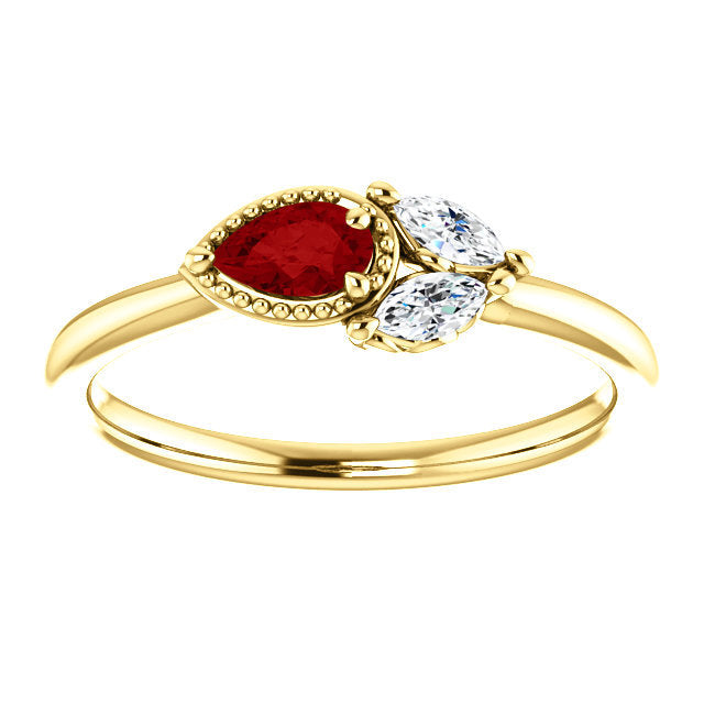 Ruby Sapphire 14K Gold Ring, Ruby Pear, White Sapphire Marquise Cluster Ring, Non Traditional - MiShelli