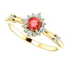 Load image into Gallery viewer, Padparadscha Chatham Sapphire Diamond Halo Ring, 14k Gold, Non Traditional Wedding - MiShelli
