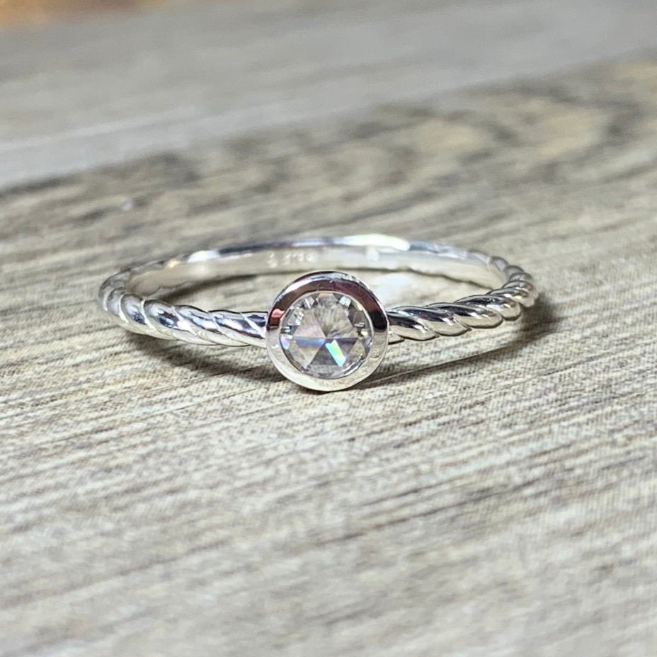 Rose Cut Moissanite Ring, Size 7, Dainty, Forever One, Promise Ring, Stacking Ring, Low Profile, Slim Rope Band, Ready to Ship - MiShelli