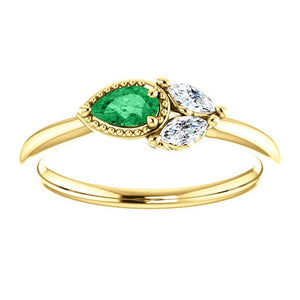 Emerald Pear Sapphire 14K Gold Ring, Marquise Sapphire, Side Swept Cluster Ring, Chatham Emerald - MiShelli