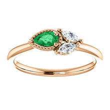 Load image into Gallery viewer, Emerald Pear Sapphire 14K Gold Ring, Marquise Sapphire, Side Swept Cluster Ring, Chatham Emerald - MiShelli