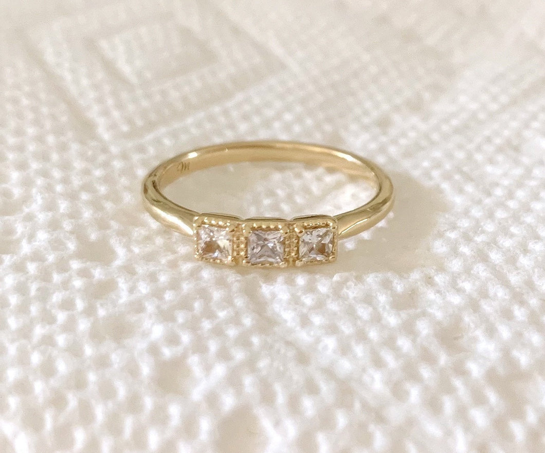 Princess Cut White Sapphire Ring, Size 7, 14K Yellow Gold, 3 Stone Anniversary Band - MiShelli