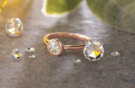 Rose Cut Moissanite 14K Gold Low Profile Bezel Ring, Forever One, Solitaire, Classic, Diamond Alternative - MiShelli