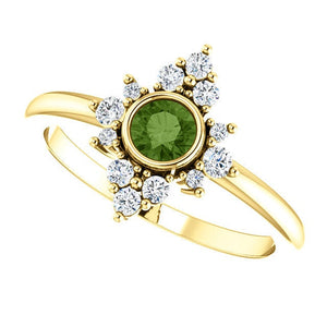 Green Tourmaline Diamond Ring, 14K Gold Cluster Bezel Gemstone Ring, Alternative Engagement, Statement Ring - MiShelli